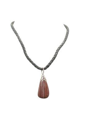 Striped Agate Pendant Vintage Necklace with Braided Black Cord and Silver-Tone